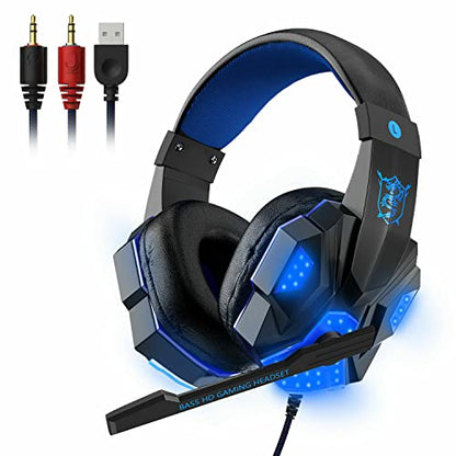3.5mm Gaming Headset Mic LED Headphones Stereo Bass Surround for PC PS4 Xbox One (Black & Blue) - color: Black & Blue