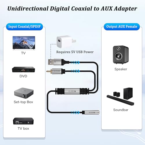 Elecan DAC 192kHz Unidirectional S/PDIF Coaxial RCA Male to 3.5mm AUX Female Converter Cable 2 Ft, Digital to Analog Audio Adapter USB Powered, Hi-Fi Stereo for TV Blu-Ray Speaker Headphone +Ties - size: 2FT, style: RCA to Female Aux