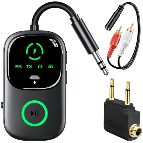 LED Display 2 in 1 Bluetooth 6.0 Transmitter Receiver 3.5mm AUX Jack RCA Wireless Audio Adapter Dongle for Airpods Headphones TV Airplane Flight Car Speaker Home Stereo, Dual Pairing & Handsfree Call - color: Black AUX+RCA+Aircraft
