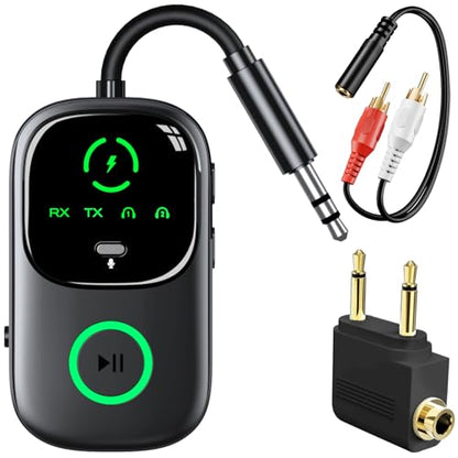 LED Display 2 in 1 Bluetooth 6.0 Transmitter Receiver 3.5mm AUX Jack RCA Wireless Audio Adapter Dongle for Airpods Headphones TV Airplane Flight Car Speaker Home Stereo, Dual Pairing & Handsfree Call - color: Black AUX+RCA+Aircraft