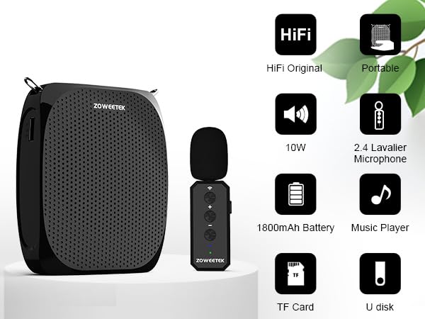 ZOWEETEK Wireless Voice Amplifier with Lavalier Mic for Teachers | Portable Speaker, Clip-On Microphone, Mini Design, Personal Mic System, for Speech, Meeting, Yoga - color: Black