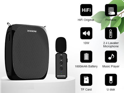 ZOWEETEK Wireless Voice Amplifier with Lavalier Mic for Teachers | Portable Speaker, Clip-On Microphone, Mini Design, Personal Mic System, for Speech, Meeting, Yoga - color: Black