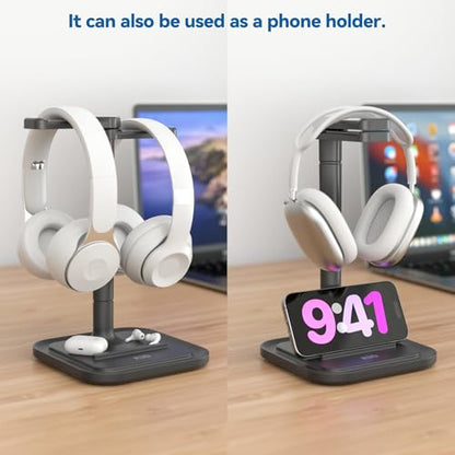 KDD Dual Headphone Stand for Desk - Rotatable Headset Hanger with Phone Holder - Removable Non-Slip Base for Gamers Desktop Accessories