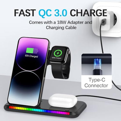 IHAO 3in1 Multifunctional Foldable Wireless Charging Station with LED Ambient Night Light Fast QC3.0 Charger for Phone, iWatch, Headphone Space-Saving Auto-Shutoff & Overcharge Protection-Black - color: 3in1 Wireless Charger K88 Black