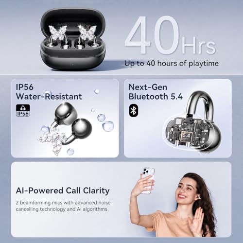 Kinglucky Gen2 Clip-On Earbuds with Butterfly Earrings, Black | Charge & Store Without Removing Earrings, Comfortable Fit, 50H Playtime, Open-Ear Bluetooth Headphones, For Women, Small Ears - color: Black
