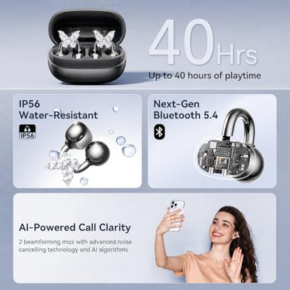 Kinglucky Gen2 Clip-On Earbuds with Butterfly Earrings, Black | Charge & Store Without Removing Earrings, Comfortable Fit, 50H Playtime, Open-Ear Bluetooth Headphones, For Women, Small Ears - color: Black