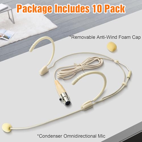 10 Pack Dual Over-Ear Headset Microphone Earset Headworn Mic for Shure | Omni-Directional Condenser Mic with Windscreen and 1.5m Cable,4-Pin Mini XLR Plug,Professional Hands-Free