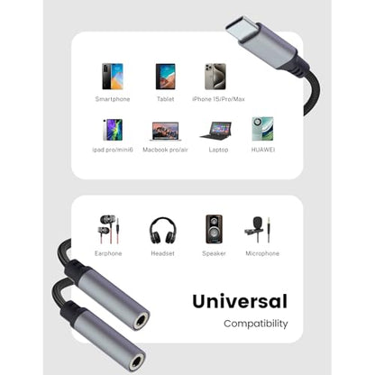 USB C to Dual 3.5mm Female Headphone Splitter,USBC to 3.5mm splitter | Share Audio with 2 Headphones,Compatible with iPhone 17 16 15 Galaxy S25 S24 S23 S22 Plus Pro Max Ultra Pixel iPad