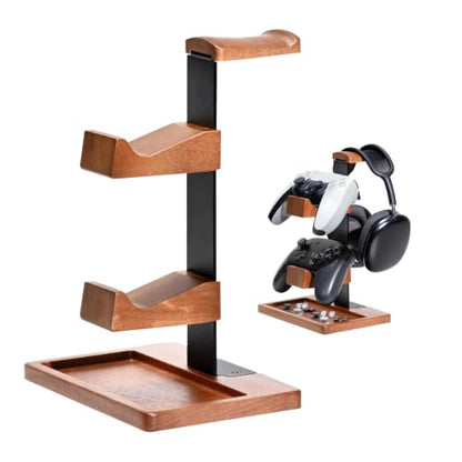 Solid Wood Dual Controller Holder & Headphone Stand | Gaming Equipment Desk Organizer, Game Controller Holder Headset Rack, Gift for Gamers Husband Boyfriend