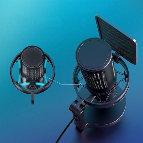 Jiawu USB Microphone for PC, Gaming Microphone with Quick Mute, Noise Cancellation Condenser Mic with RGB Lights, Popfilter, Shock Mount, Gain Control for Gaming, Streaming, Podcasts