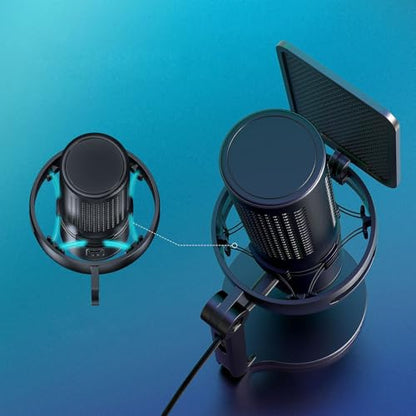 Jiawu USB Microphone for PC, Gaming Microphone with Quick Mute, Noise Cancellation Condenser Mic with RGB Lights, Popfilter, Shock Mount, Gain Control for Gaming, Streaming, Podcasts