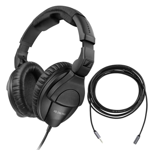 Sennheiser HD 280 Pro Circumaural Closed-Back Monitor Headphones with H&A Stereo Mini Male to Auxilary Cable (Gold Series) 10'