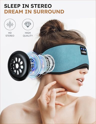 MUSICOZY Sleep Headphones Bluetooth 5.4 Sleep Eye Mask with HD Speakers | Soft Cotton Fabric, Flat Design, 14 Hours Playtime, Washable Headband Style for Side Sleepers, Travel Meditation Relaxation - color: Light Blue