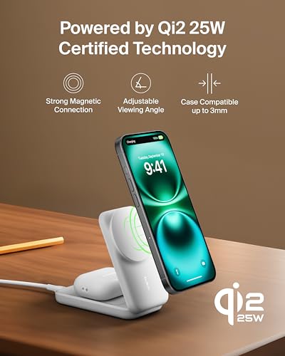 Belkin Qi2.2 25W Wireless 2 in 1 Foldable Fast Charging Station for iPhone | Fast Charging, MagSafe Compatible, iPhone 17/16/15, AirPods, Travel Charger, Magnetic - color: White