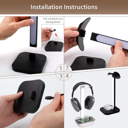 3-in-1 Headphone Stand with Wireless Charging Station and Desk Lamp, Headset Holder with Phone Charger, LED Desk Light for Gaming Setup, Office and Bedroom - color: Black