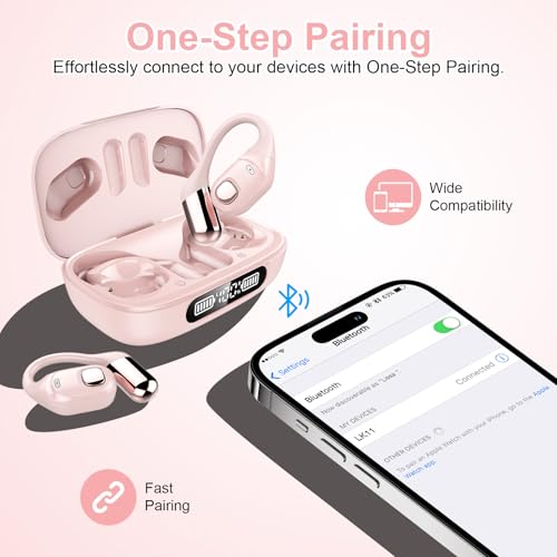 Open Ear Earbuds, Bluetooth 5.3 Wireless Air Conduction Headphones with Mic, LED Display Charging Case&Fast Charging, Ultra-Light Weight, 80H Playtime Earbuds for Work, Sports (Pink) - color: Pink
