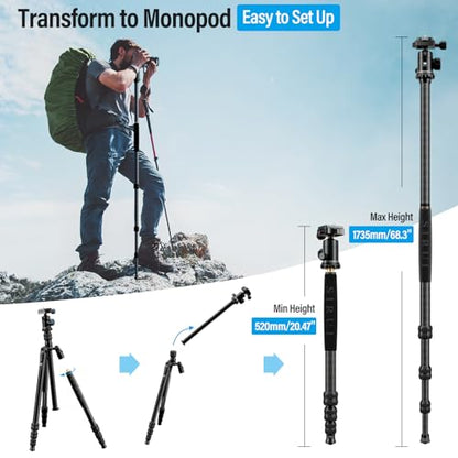 SIRUI Traveler 7C Camera Tripod 65.55 inches Carbon Fiber Arca Tripod with E-10 360° Panorama Ball Head and Arca Swiss Quick Release Plate Load Capacity Up to 17.6lbs, Convertible to Monopod | 17.6LB Load, Arca Swiss QR Plate, Converts To Monopod, DSLR, M