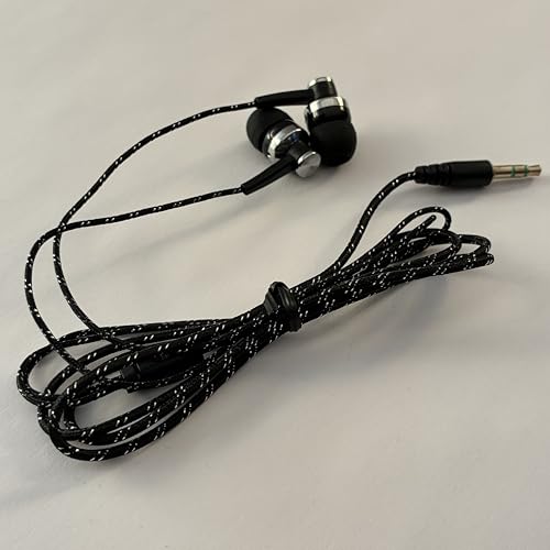 Black in-Ear Earbuds Stereo Tangle Free Braided Cable Cord Quality Sound High Bass Silicone Tips for iPod Zune MP3 Player 3.5mm Jack