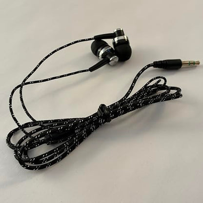 Black in-Ear Earbuds Stereo Tangle Free Braided Cable Cord Quality Sound High Bass Silicone Tips for iPod Zune MP3 Player 3.5mm Jack