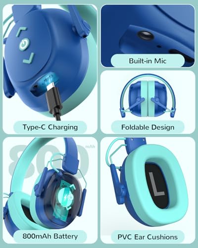 Kids Noise Cancelling Headphones, Sound Proof Ear Protection, 29dB SNR Noise Reduction Bluetooth 6.0 Earmuff, 94dB Lock - 80H Playtime, Hearing Protection for Autism, Shooting Gun Range Mowing (Blue) - color: Blue