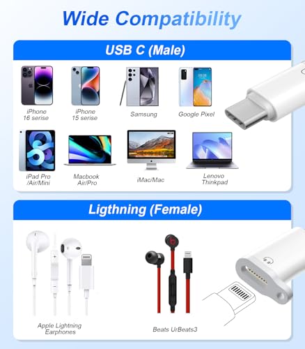 Lightning to USB C Audio Adapter for Heaphones Support Line Control, 2 Packs USBC Male to Lightning Female Earbuds Adapter, Not for Charging/Data Transfer, USB-C for Apple iPhone 17 16 15/iPad
