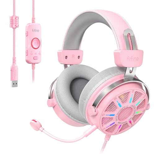 FIFINE USB Gaming Headset with Open Back Design, 7.1 Virtual Surround Sound, 53mm Dynamic Drivers, RGB Headphone with Handy Control Box, Detachable Boom Mic for PC, PS5, PS4, Laptop, Mac - H19P - color: Pink