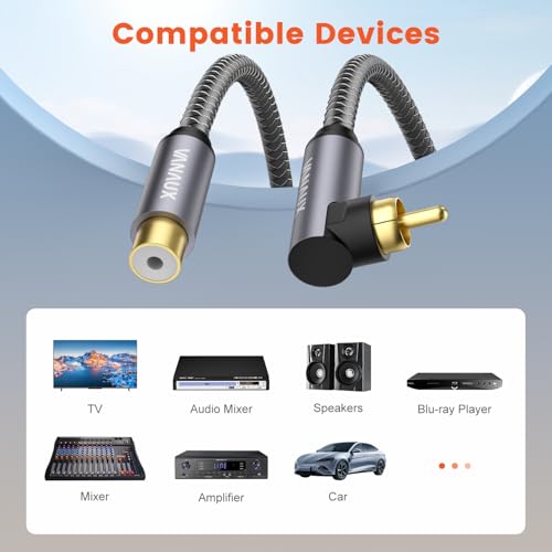 VANAUX RCA Extension Cable,90° Right Angle Subwoofer Cable Male to Female,Premium Digital Coaxial Audio Extender Cord for Home Theater, HDTV, Hi-Fi Systems(10ft/3m) - size: 10 ft, style: Single 90°-Male to Female