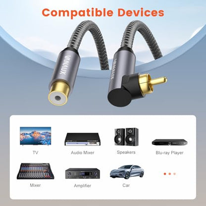 VANAUX RCA Extension Cable,90° Right Angle Subwoofer Cable Male to Female,Premium Digital Coaxial Audio Extender Cord for Home Theater, HDTV, Hi-Fi Systems(10ft/3m) - size: 10 ft, style: Single 90°-Male to Female