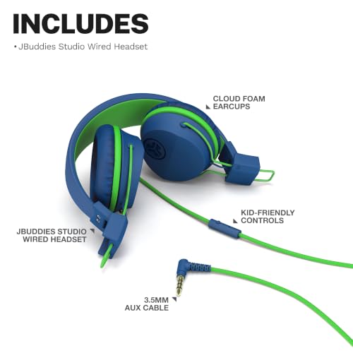 JLab JBuddies Studio Kids on-Ear Wired Headphones with mic, Volume Limiter, Folding, Adjustable, Noise Isolation, Blue/Green - color: Blue/Green, size: Headphones