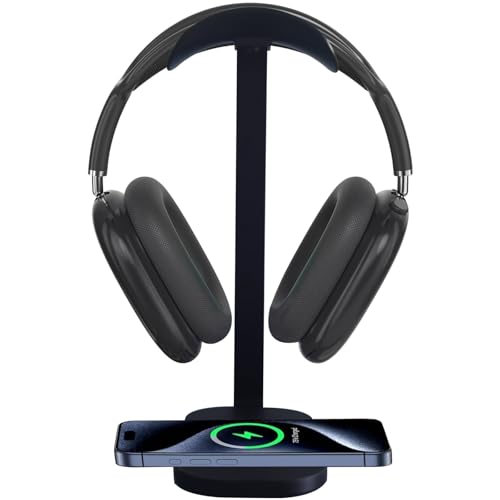 Headphone Stand with Wireless Charging, 15W Gaming Headset Holder for Desk, Aluminum Support Bar, Silicone Pad Headrest, Suitable for All Headphones
