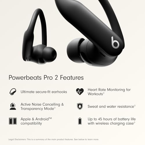 Beats Powerbeats Pro 2 - Wireless Noise Cancelling Workout Earbuds with Secure- Fit Earhooks, Up to 45-Hour Battery with Charging Case, Sweat & Water Resistant, Heart Rate Monitoring - Jet Black | High-performance audio with 12-hour battery and IPX4 water