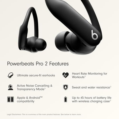 Beats Powerbeats Pro 2 - Wireless Noise Cancelling Workout Earbuds with Secure- Fit Earhooks, Up to 45-Hour Battery with Charging Case, Sweat & Water Resistant, Heart Rate Monitoring - Jet Black | High-performance audio with 12-hour battery and IPX4 water