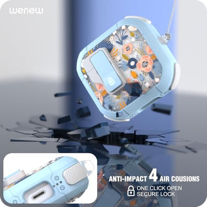 WENEW Case for AirPods 4th Case Cover Secure Lock Automatic Snap Switch Clip Cleaner Kit Lanyard Women Stylish Flower Armour Hard Shell Full Body Front LED Visible (Blue, AirPods 4) - color: Blue, size: AirPods 4