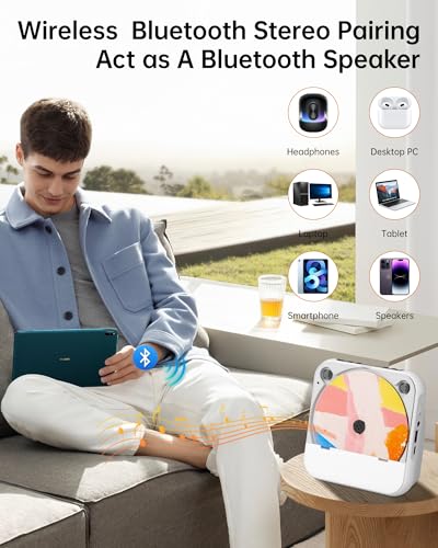 Portable CD Player Bluetooth Rechargeable, Mini Desktop for Home with HiFi Speaker, Cute CD Player Remote Control, Supports CD/FM Radio/USB, Cream - color: Cream