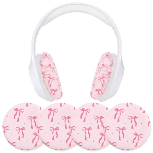 Fanfanwin 2 Pairs Pink Bow Flex Fabric Headphones Covers Stretchable Washable Ear Cup Protectors Sweat Resistant Ear Pad Sleeves Headphone Accessories for Gym Library Study Gaming 3.54inch - style: Pink Bow