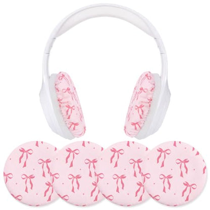 Fanfanwin 2 Pairs Pink Bow Flex Fabric Headphones Covers Stretchable Washable Ear Cup Protectors Sweat Resistant Ear Pad Sleeves Headphone Accessories for Gym Library Study Gaming 3.54inch - style: Pink Bow