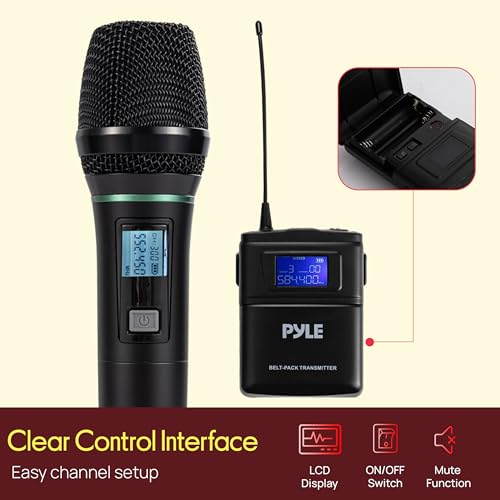 Pyle 4 Channel UHF Wireless Microphone System with 3 Handheld Mics, Lavalier & Headset Mic, 300 Ft Range, Selectable Frequencies & Rack Mount Receiver for Conferences, Hosting, Church & PA Systems - style: 4-Channel Handheld-Headset-Lavalier