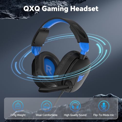 QXQ Wired Gaming Headset for PS5/PS4/PC/Switch - 3.5mm Over-Ear Headphones with Noise-Canceling Mic - RGB LED Light - Deep Bass Stereo Surround Sound - Soft Memory Foam Earpads (Dark Blue) - color: Dark Blue