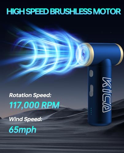 KiCA Jet Fan 2S Electric Air Duster - 117000RPM Rechargeable Duster(Blue) | Aluminum Shell , 65MPH High-Speed Airflow , Stepless Speed Control , 210-Min Battery , For PC, Keyboard & Car Detailing