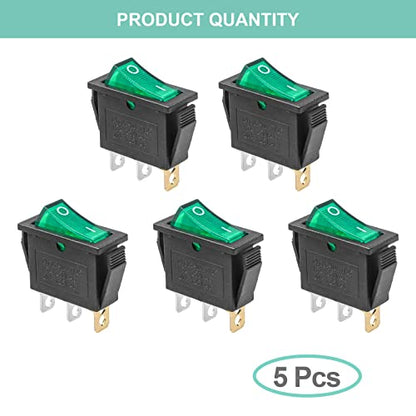 5Pcs Green LED On/Off 3Pin 2Position Mini Boat Rocker Toggle Switch - color: Green, size: AC 250V/15A 125V/20A - Not Pre-Wired