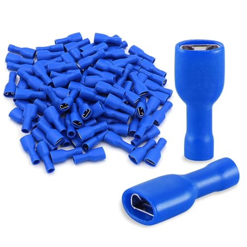 BAOMAIN 0.187" Fully Insulated Female Spade Terminals 16-14 AWG 100-Pack | Blue Fully Insulated Tin-Plated Crimp Connectors for 16-14 AWG Electrical Wiring. Fits 0.187" 4.8mm Male Spade Terminals - size: Fully Insulated Female