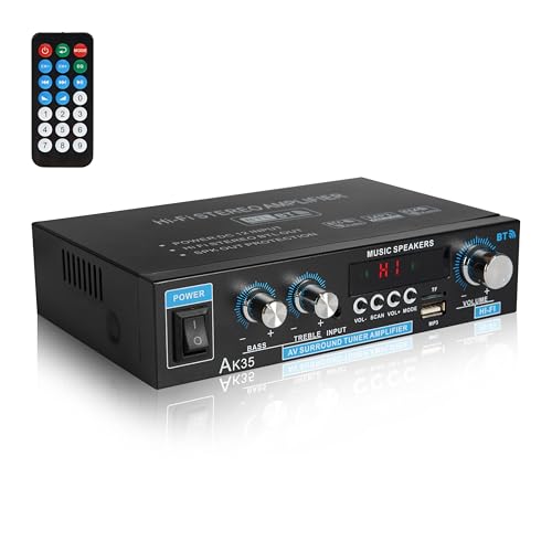 Stereo Amplifier AK35 Bluetooth 5.0 Receiver Home Audio 100Wx2 Dual Channel Speaker Amplifier with FM Radio, USB, SD Card Input for Home Theater Audio Stereo System with Remote Control