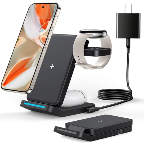 Foldable Wireless Charger for Google Pixel Watch 3/2, 3 in 1 Fast Charging Station Stand for Pixel 10 Pro XL/10 Pro/9/8/7 Pro/8a/8/7/6 Pro and Buds (Not for Pixel Watch 4/1) with QC Adapter