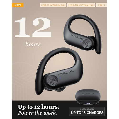 TREBLAB X3-Pro Earbuds Wireless Bluetooth, Earhook IPX5 12H Powerbank | Bluetooth Running Headphones, gaming mode 60ms, wireless charging case, secure earhook, ENC mics, BT 5.3, 9g ultra-light - color: Black Logo