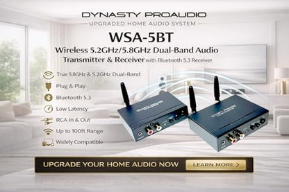 DYNASTY PROAUDIO WSA-5BT Wireless Audio Adapter with Qualcomm® aptX™ Lossless Bluetooth 5.3 Chipset, Ultra Low Latency, Dual Band 5.2/5.8GHz, Easy Setup for AVR/TV/PC with Stereo Sound System - color: Black