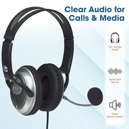 MANHATTAN Wired Stereo Headset with Mic, 3.5 mm Plug, 8 ft Cable | Over-ear fit with padded earcups, adjustable band and boom, pop-noise reduction, 32-ohm audio for calls and gaming