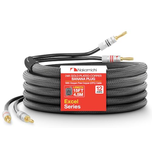 Nakamichi 24k Gold Plated Banana Plugs with 12 AWG Speaker Cable 99.9% OFC | Oxygen-Free Copper, Excel Series, Heavy Duty Braided for Amplifier Receiver Hi-Fi Stereo Audio Wire - Black (15 feet / 4.5m) - color: Black (12 AWG), size: 15-Feet (4.5m)