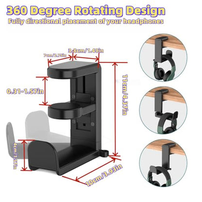 360° Swivel Adjustable Spring Clamp Cable Clip Universal Desk Hook for Headsets/Earphones Gaming Display Stand
