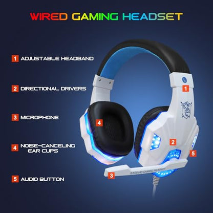 BlueFinger RGB Gaming Keyboard and Backlit Mouse and Headset Combo, USB Wired Backlit Keyboard, LED Gaming Mouse Set, Headset with Microphone for Laptop PC Computer Game and Work, White - color: White