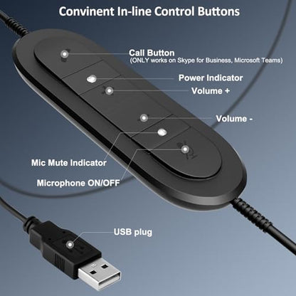 MKJ USB-A Wired Headset with Mic for PC, Computer Headphones for Office | Noise Canceling Microphone, Call Center Laptop Headset , Volume Control, Compatible with Ms Teams Zoom Webex, Online Meeting